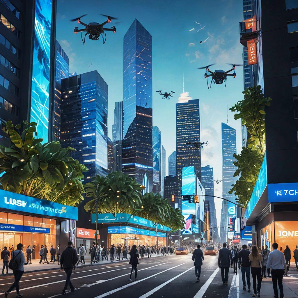 A futuristic cityscape with a diverse group of job seekers using advanced technology to connect with employers, showcasing holographic job boards and augmented reality interfaces. Bright, inviting colors to convey optimism and innovation, with elements like drones delivering job offers in the sky. Incorporate symbols of collaboration and growth, such as plants intertwining with technology. surrealistic. vibrant colors. 3D.