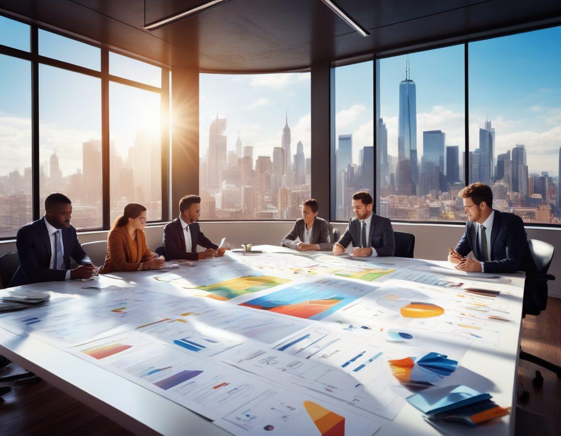 An inspiring office environment with a diverse group of professionals collaborating around a table filled with digital devices and charts, showcasing teamwork and innovative solutions. Include a large window in the background revealing a city skyline, symbolizing opportunity and growth. Bright colors and dynamic energy should radiate from the scene. super-realistic. vibrant colors. 3D.